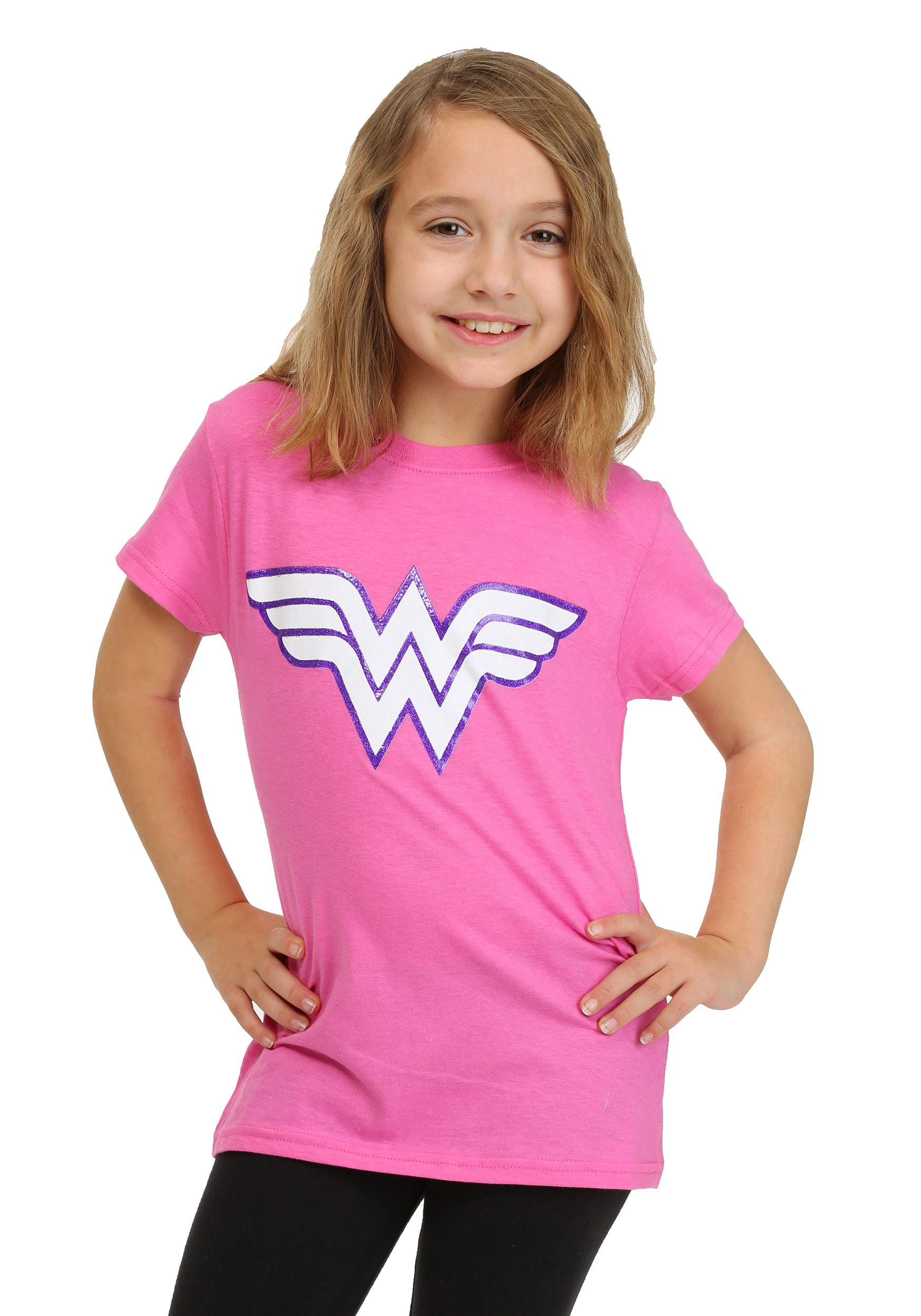 Girls Wonder Woman Pink Glitter Logo T-Shirt