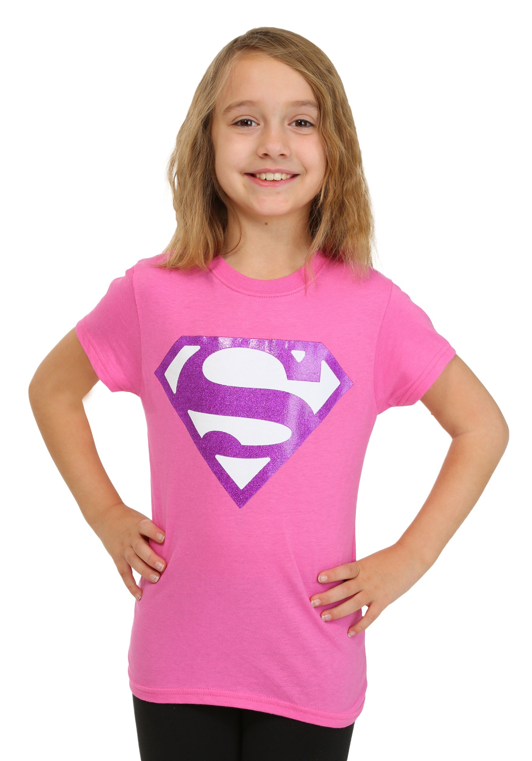 Girls Pink Glitter Superman Logo T-Shirt