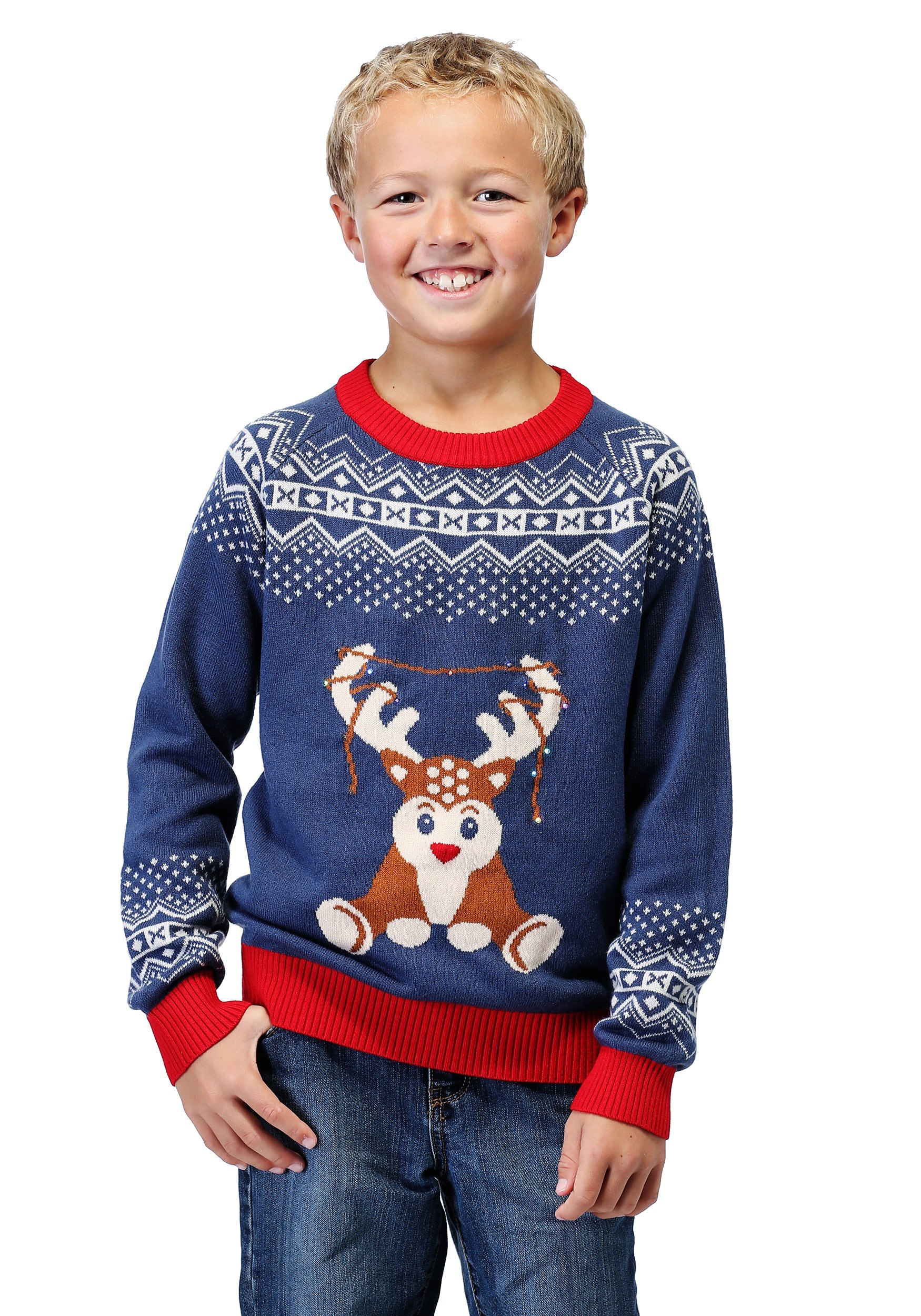 Boy's Reindeer LED Light Up Ugly Christmas Sweater