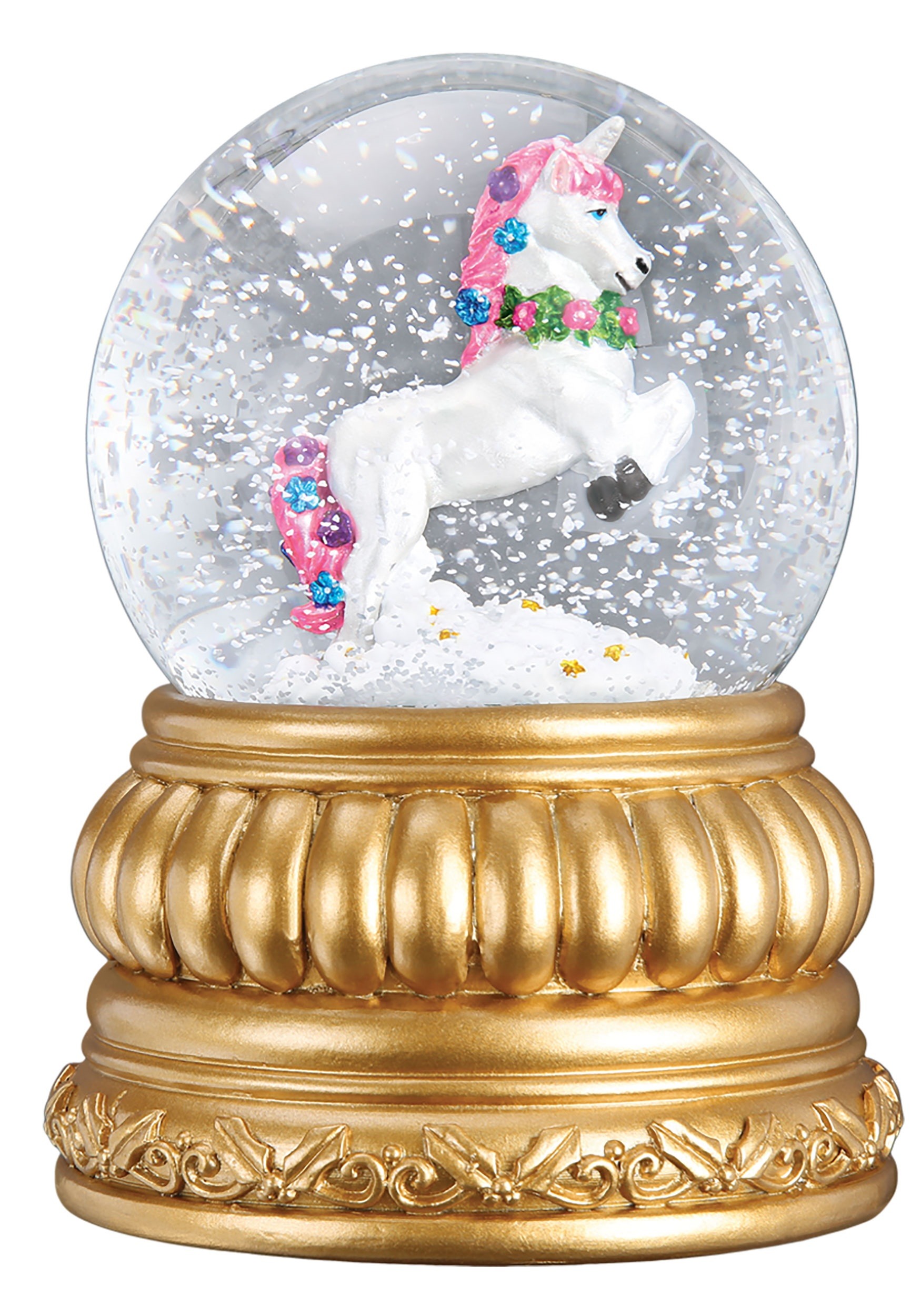 Prancing Unicorn Snow Globe w/ Antique Gold Finish Blower