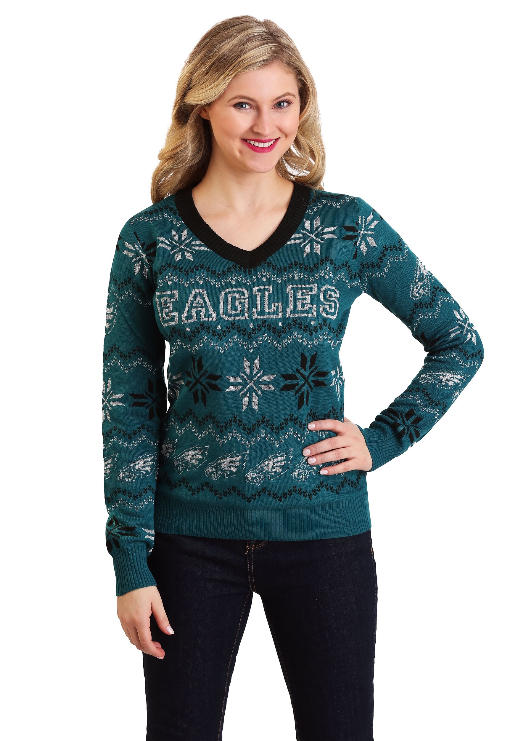 Philadelphia Eagles NFL Women's Big Logo V-Neck Ugly Christmas Sweater