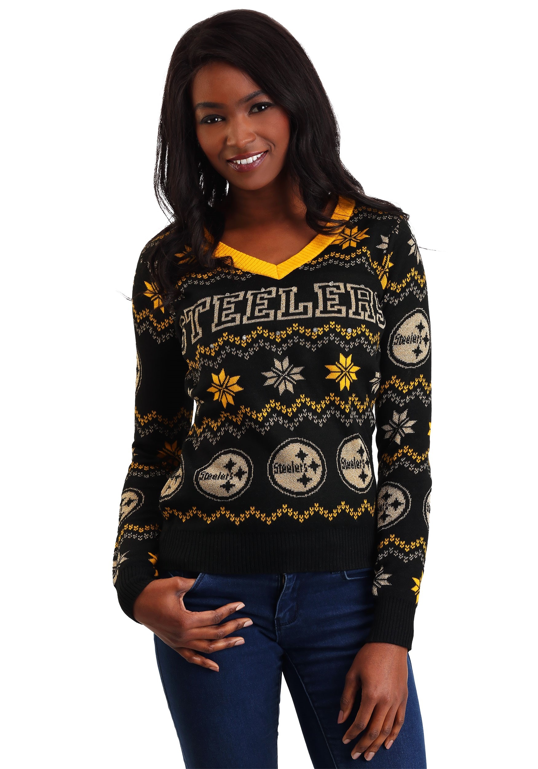 NFL Pittsburgh Steelers Light Up V-Neck Bluetooth Ugly Sweater for Women