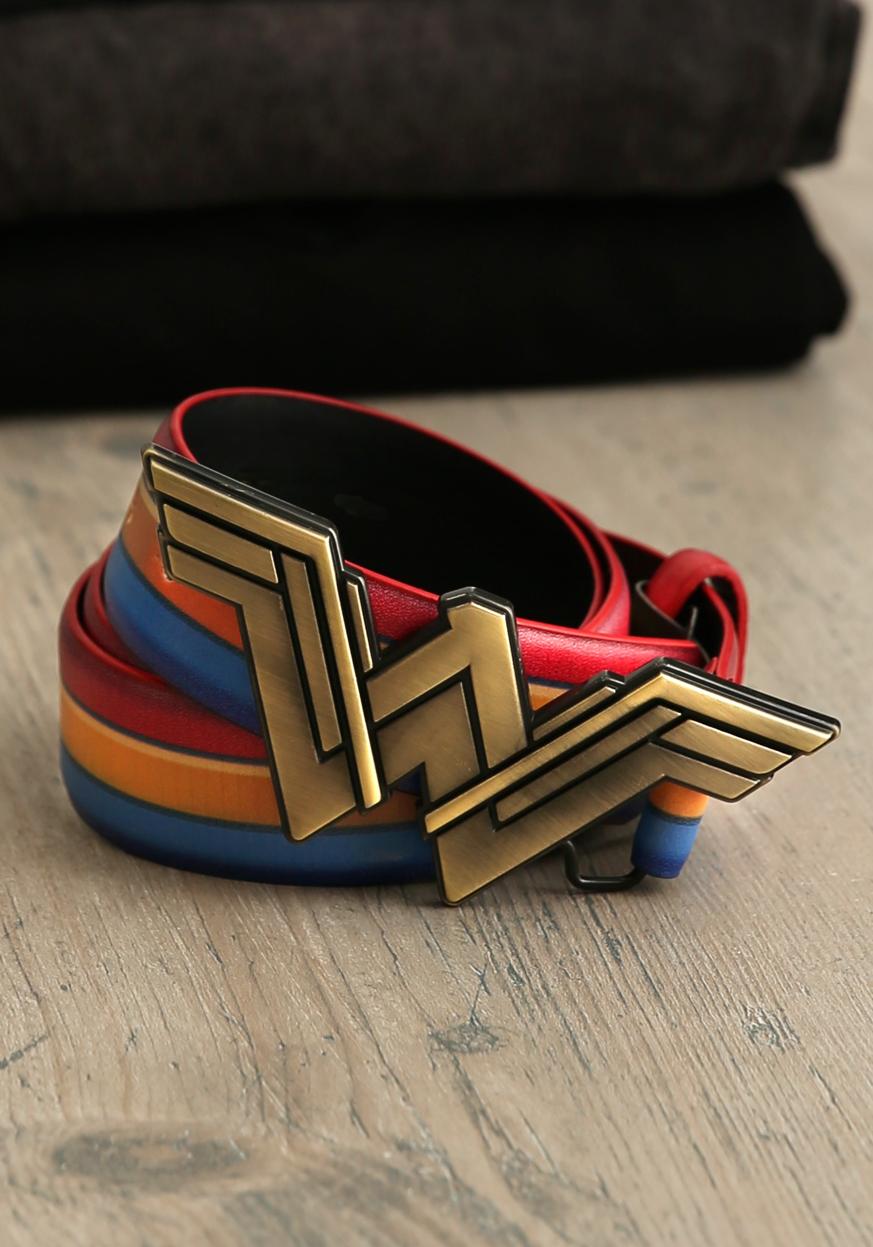 DC Wonder Woman Logo Gold Buckle Adult Striped Belt