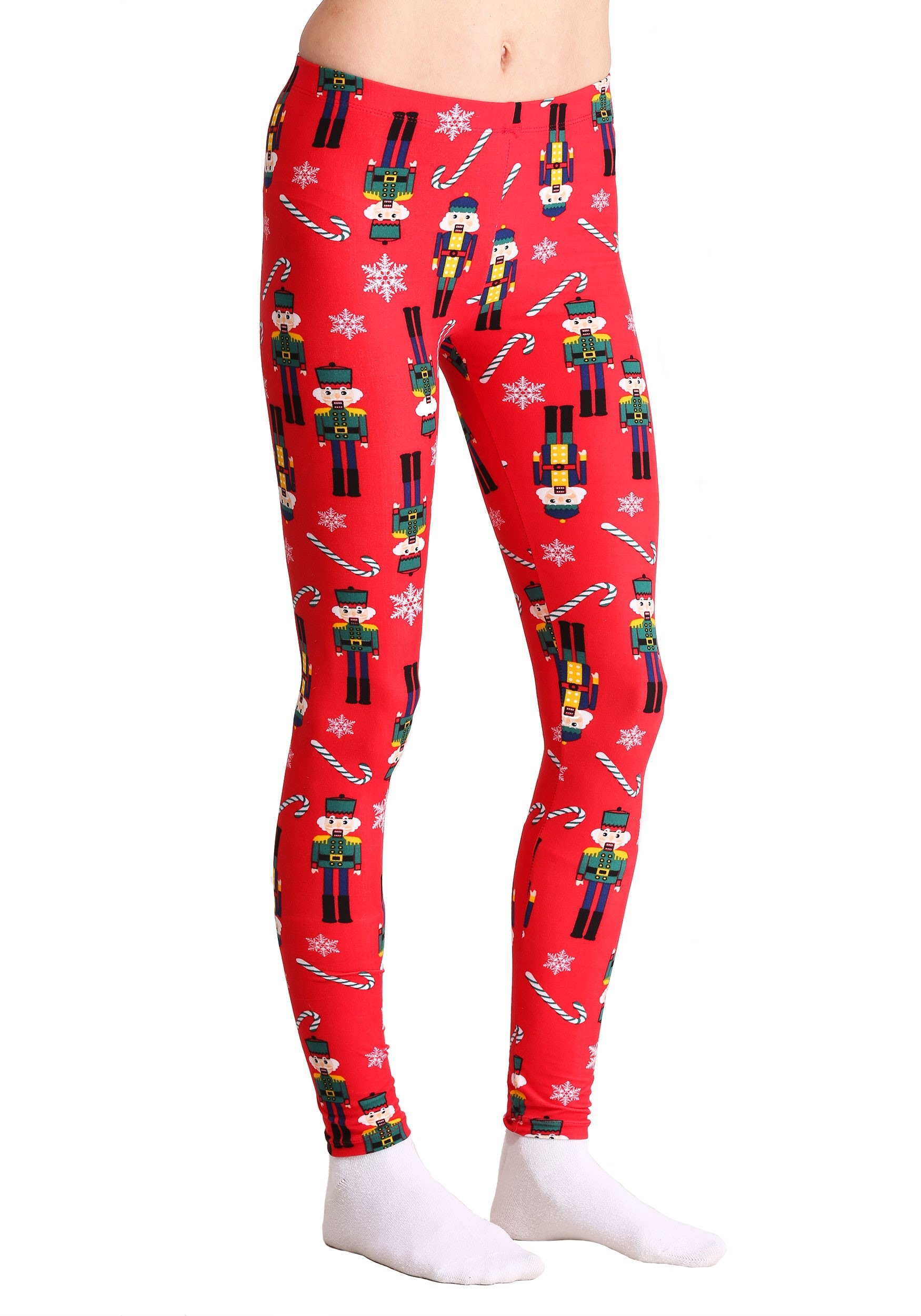 Ugly Christmas Nutcracker and Candy Cane Print Red Women's Leggings