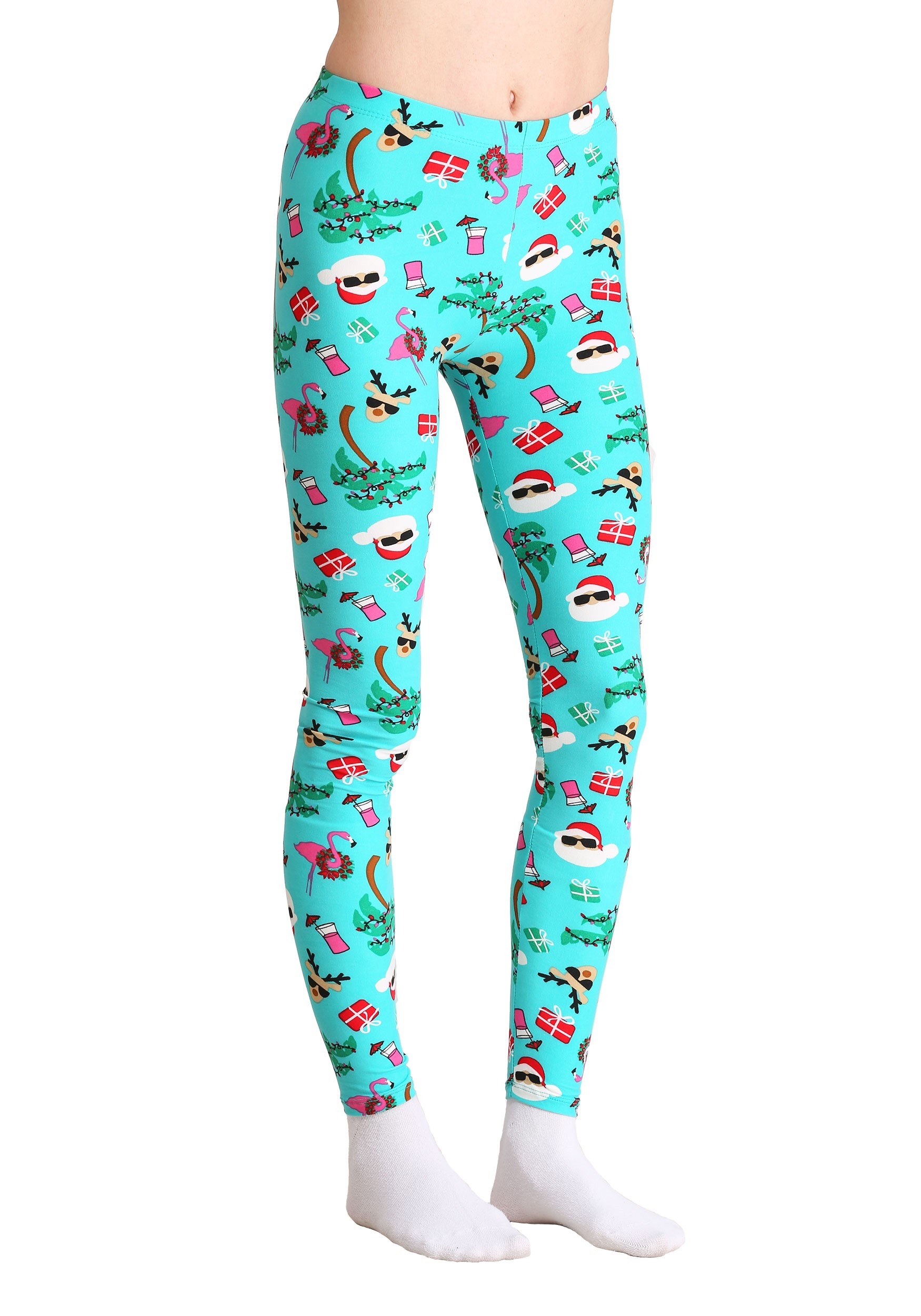 Ugly Christmas Tropical Santa Print Teal Leggings