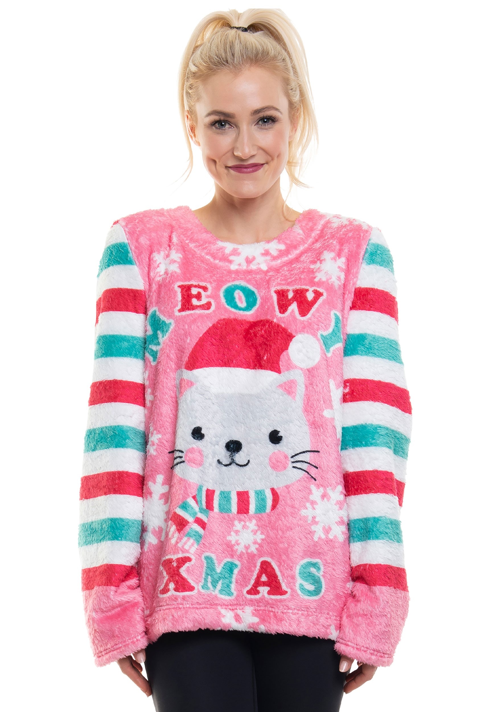 Pink Ugly Cat Meowy Xmas Fleece Pullover