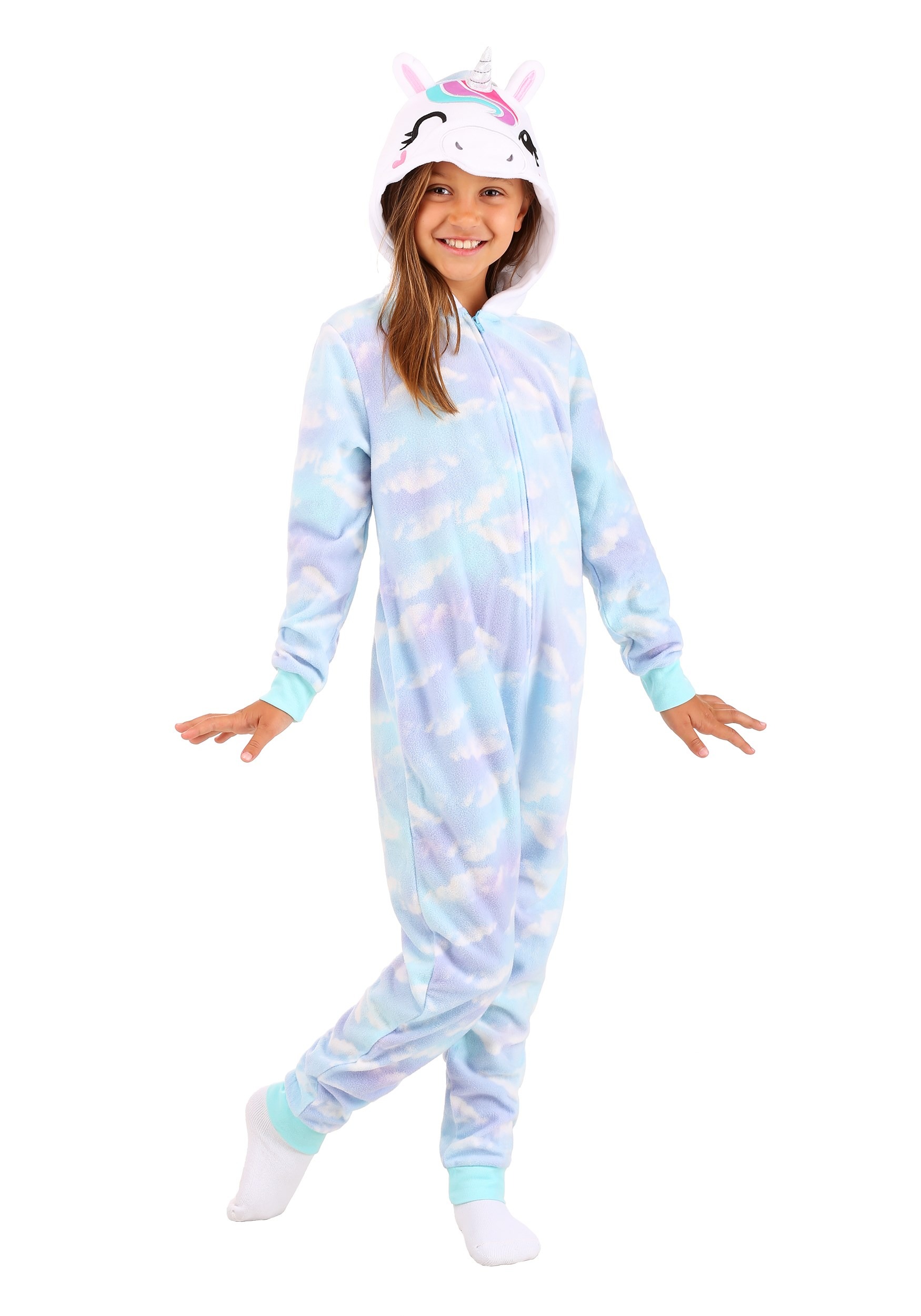 Girls Blue Cloud Print Hooded Unicorn Sleeper