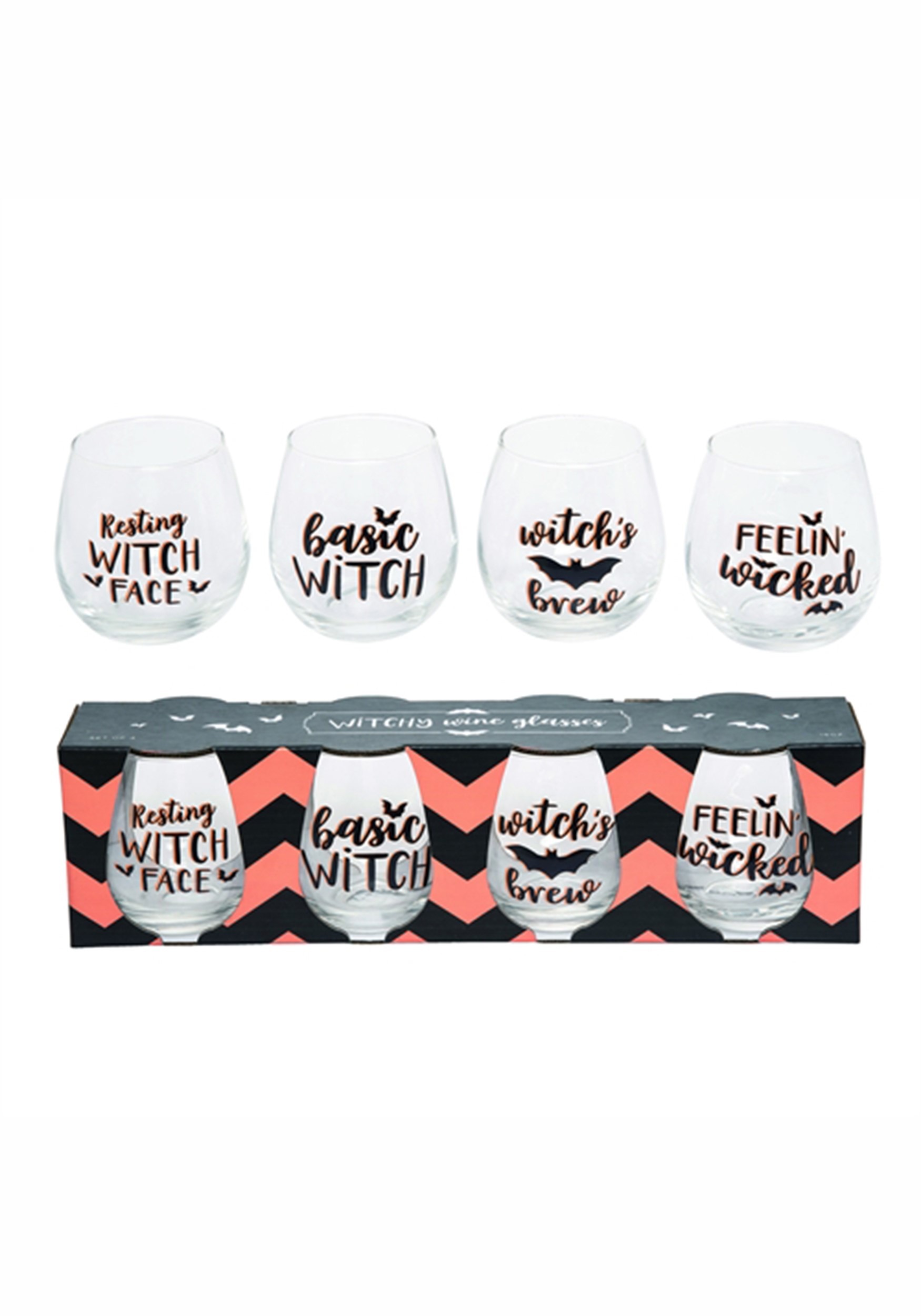 16 oz Set of 4 Glass Witchy Wine Stemless Glasses