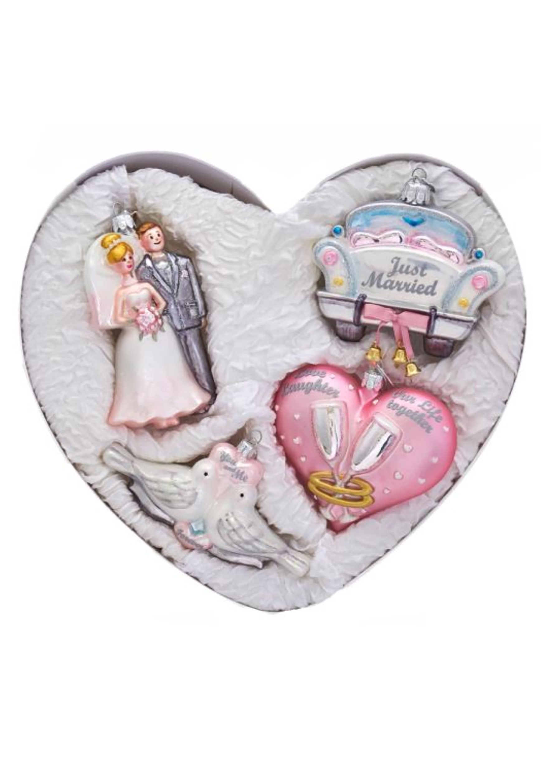 Heart Shaped 4pc Glass Wedding Ornament Set Noble Gems
