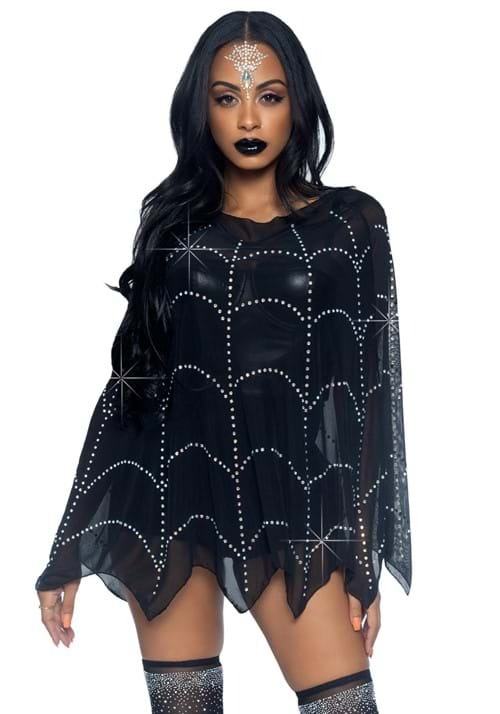 Sheer Rhinestone Spiderweb Poncho